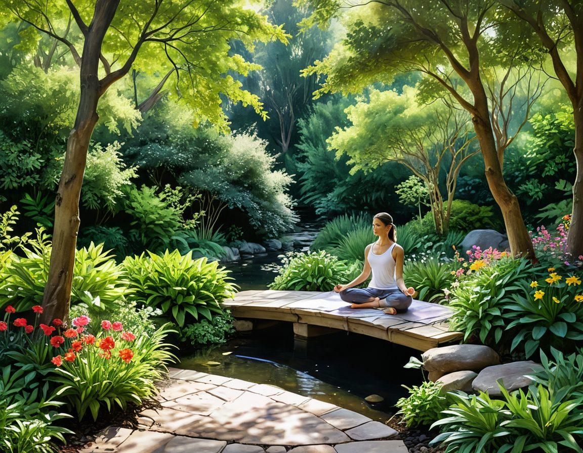 A serene landscape featuring a tranquil garden with a gentle stream, surrounded by vibrant flowers and lush greenery. A meditating figure sits peacefully at the center, radiating warmth and calm energy. Soft sunlight filters through the trees, casting harmonious shadows. Elements of yoga and holistic wellness, such as crystals and herbal plants, are subtly integrated into the scene. watercolor style. vibrant colors. peaceful atmosphere.