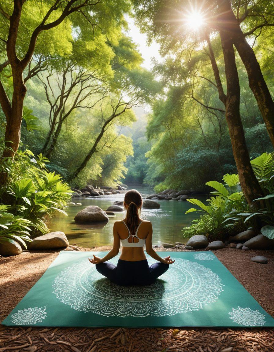 A serene yoga scene in a tranquil nature setting, featuring a person in a meditative pose on a vibrant green mat surrounded by lush trees, soft sunlight filtering through the leaves, and gentle flowing water nearby. Include elements symbolizing wellness, like subtle mandalas and peaceful colors. Bring a sense of harmony and inner peace with soft gradients and a soothing atmosphere. super-realistic. vibrant colors. natural surroundings.