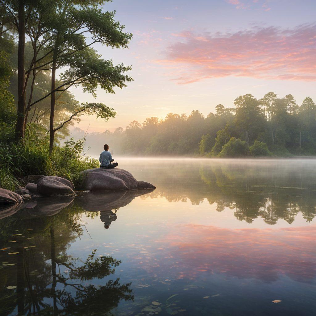 A serene landscape featuring a calm lake surrounded by lush greenery, where a person sits cross-legged on a rock meditating, with soft sunlight filtering through the trees. Gentle ripples on the water reflect the pastel colors of the sky at dawn. Ethereal mist floats above the lake, creating a peaceful atmosphere. super-realistic. soft colors. tranquil ambiance.